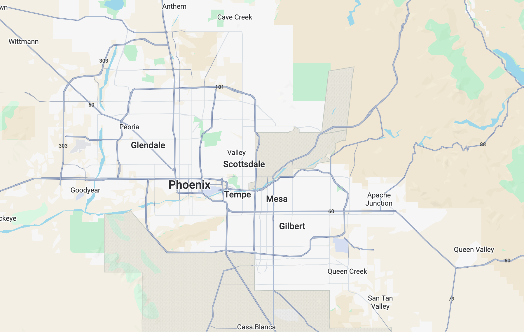 Map of Plumbing Priority One service area across Phoenix and the East Valley